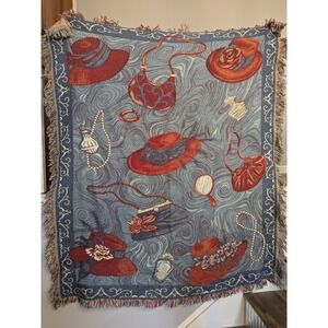 Vtg 2004 Paint Town Red Tapestry Throw Blanket 50x60 100% cotton Red Hat Society